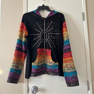 Rising International Colorful Sunburst Zip Hoodie Large Patchwork Nepal